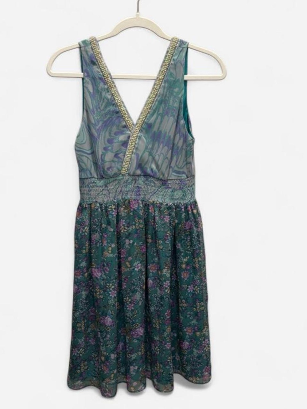 Meghan Los Angeles Floral and Blue Print Beaded Dress